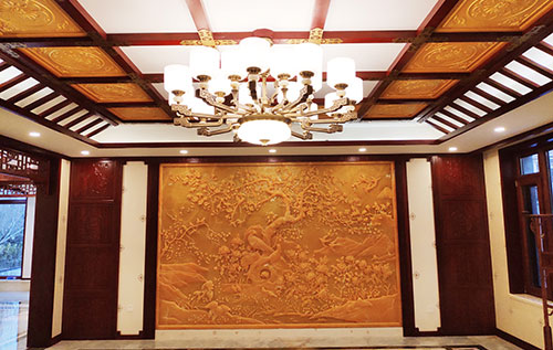 石阡中式别墅客厅中式木作横梁吊顶装饰展示